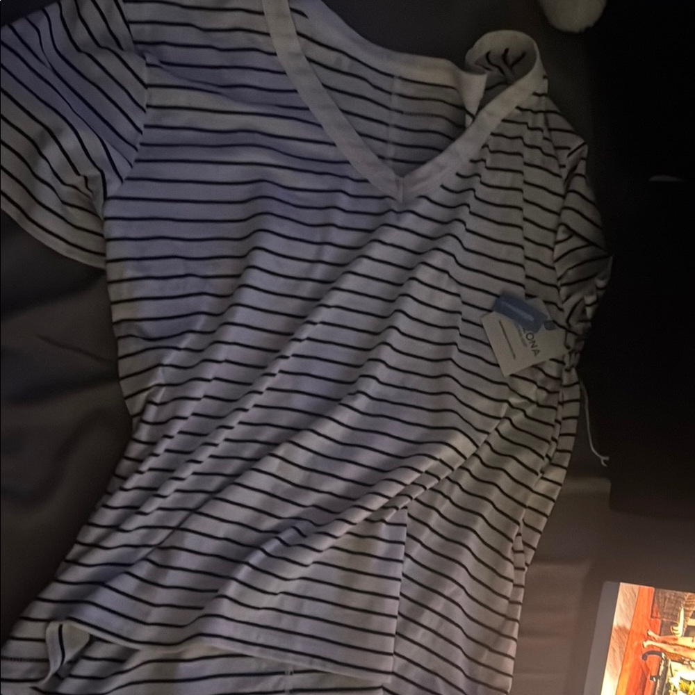 Arizona Jean Company White and Black Striped V-Neck Top